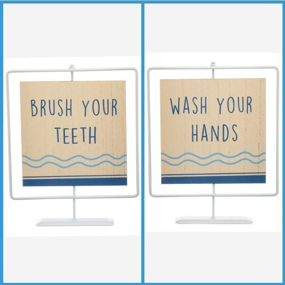 NWT Wash Your Hands Brush Your Teeth Bathroom Sign 2-Sided Metal Wood Decor Kids